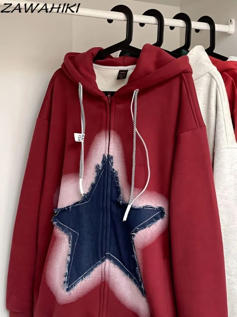 

American Retro Star Patchwork Contrast Color Hoodies Sweatshirt Women Fashion High Street Loose Chic Lovers Zip-up Streetwear