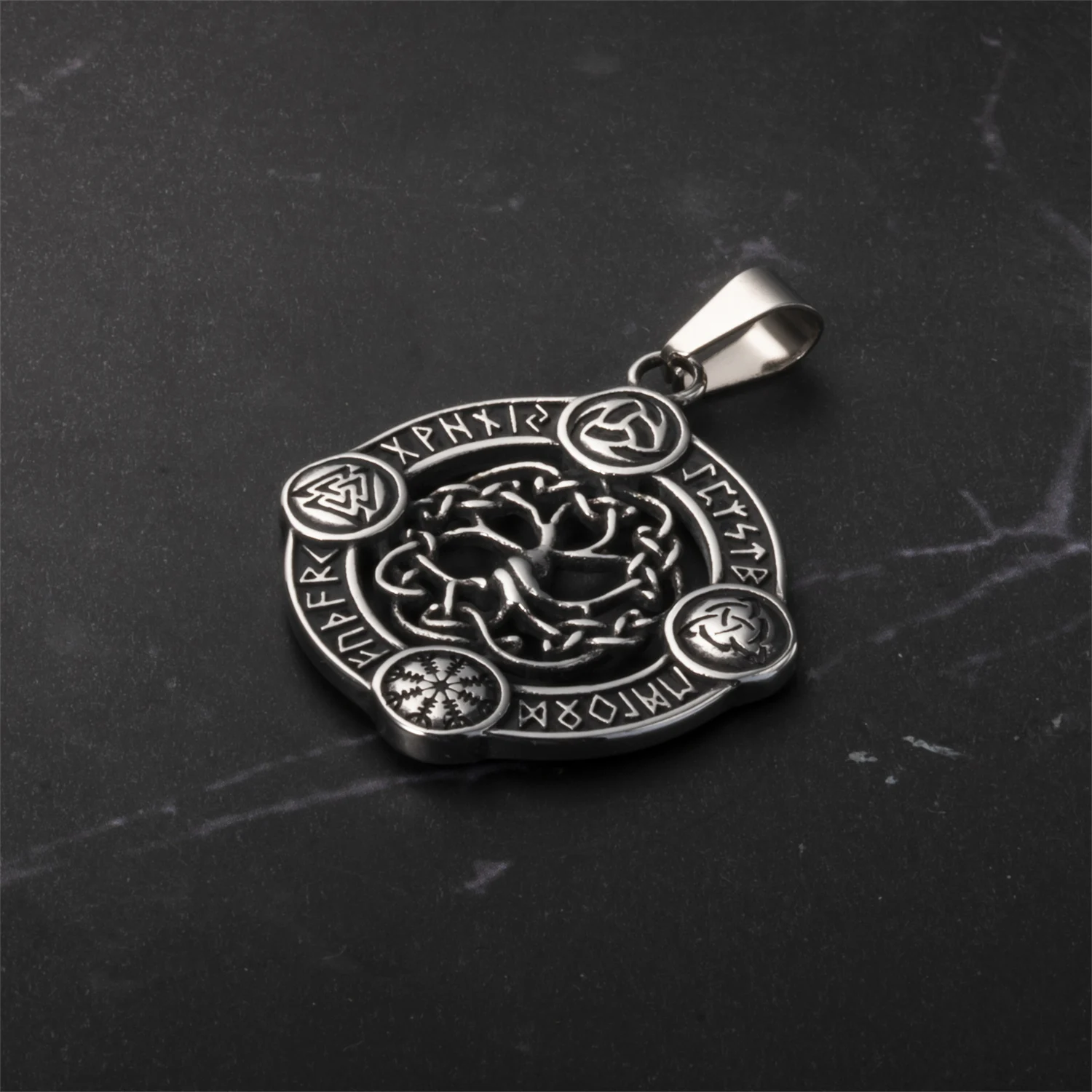 Celtic Tree of Life Round Necklace Norse Compass Valknut Odin Symbol Runes Amulet Pendant Stainless Steel Chain Antique Jeweley