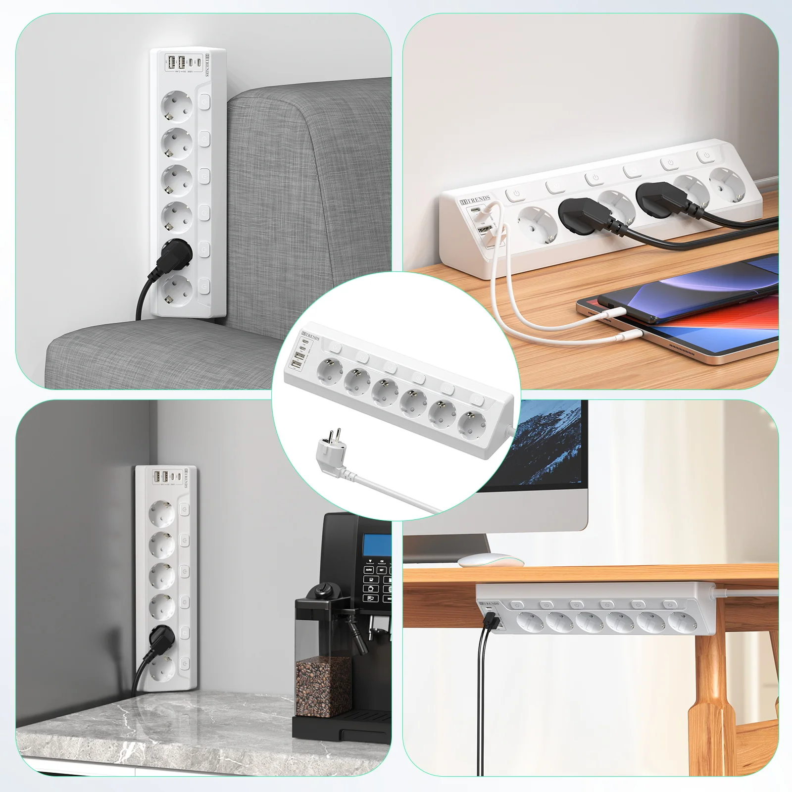 EU Plug Wall-Mounted Power Socket with 6 AC Outlets, 4 USB Ports & Child Safety Features - 2 Meter Extension Cord