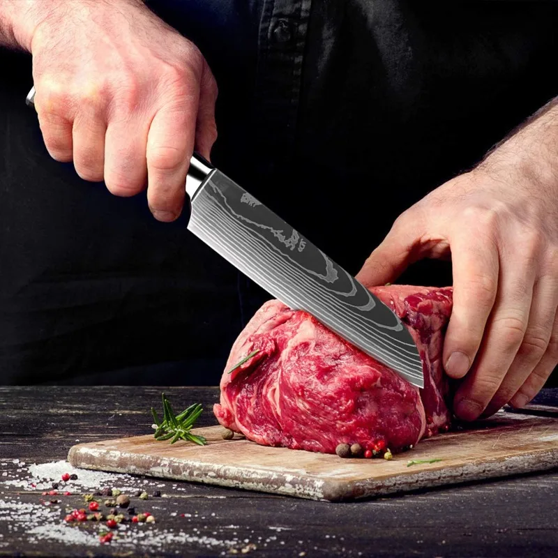 Kitchen Knife Meat Cleaver 5" Japanese Santoku Knife Laser Damascus Pattern Professional Butcher Boning Fish Fruit Utility Knife