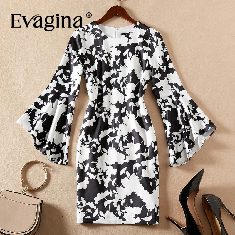 

Evagina Fashion Design Spring Summer Women's Flare Sleeve Elegant Print High Street White High-Waisted Long-Sleeved Dress