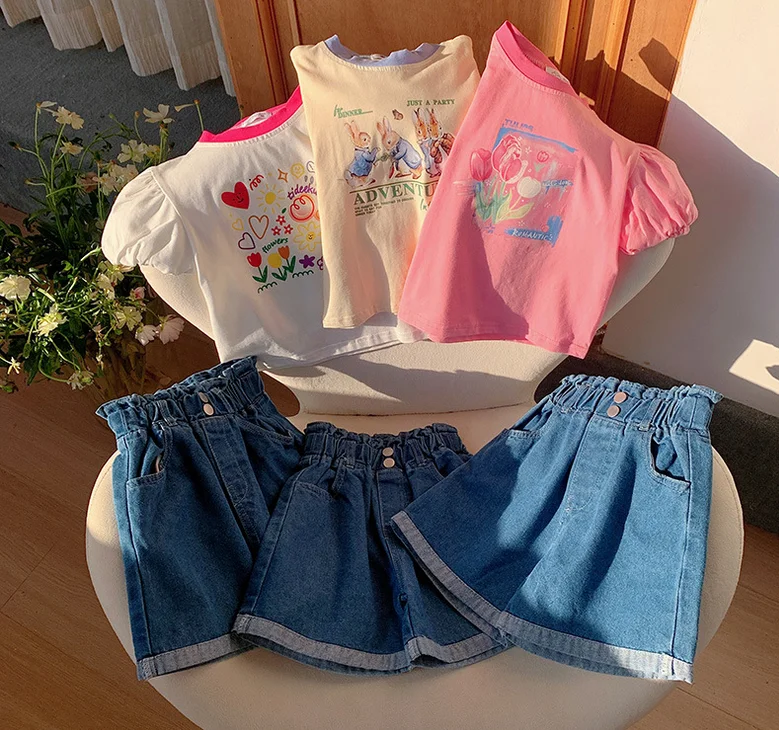 

Retail 2024 New Baby Girls Boutique Summer Sweet Sets, Cartoon T-shirt + Jean Shorts Princess Cute Suits 2-7 T