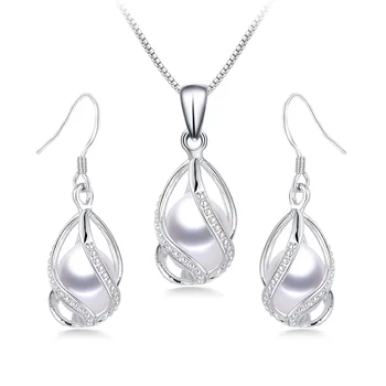 YWYC 8-9mm Natural Freshwater Pearl In Cage Pendant Necklace Drop Earrings & Pendant Jewelry Set for Women 1