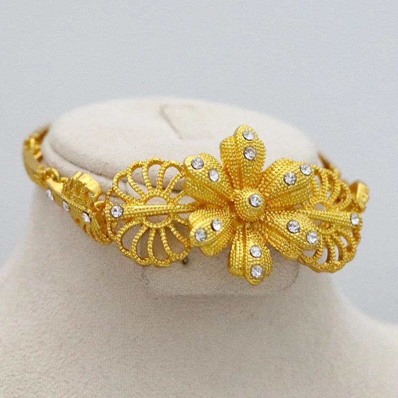 Dubai Wedding Fashion Gold Big Flower Jewelry Pearl Diamond Set Ladies Pendant African Bead Necklace Earring Bracelet