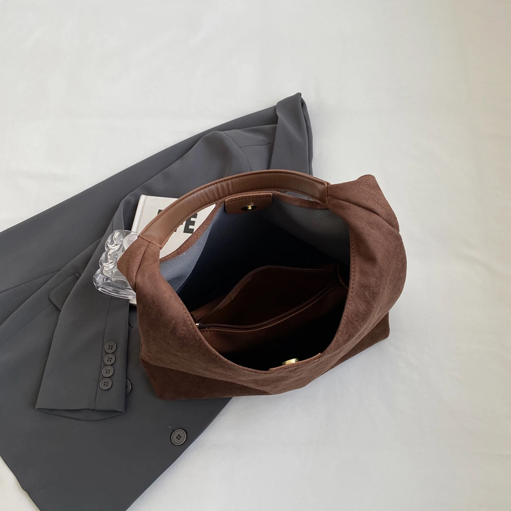 Women Suede Shoulder Bag Retro Single Shoulder Bag Solid Color Simple Tote Handbag Vintage Hobo Bag Outdoor Travel Bag - 5