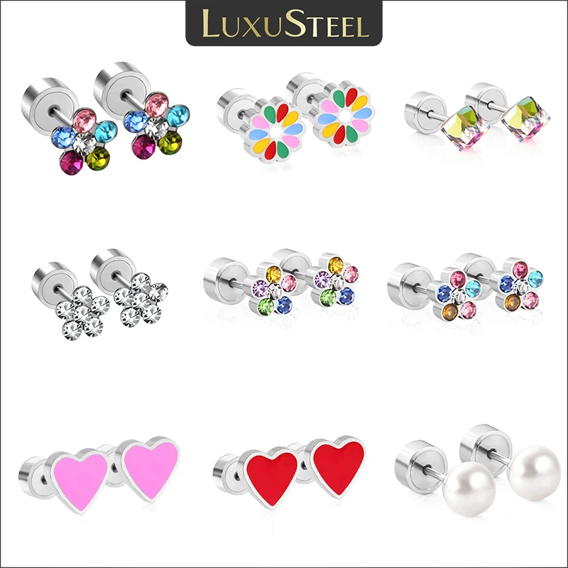 LUXUSTEEL pendientes de tuerca de inoxidable para bebé y niña, aretes de flores de cúbica de colores, antialérgicos, regalos de joyería de Navidad|Aretes| - AliExpress