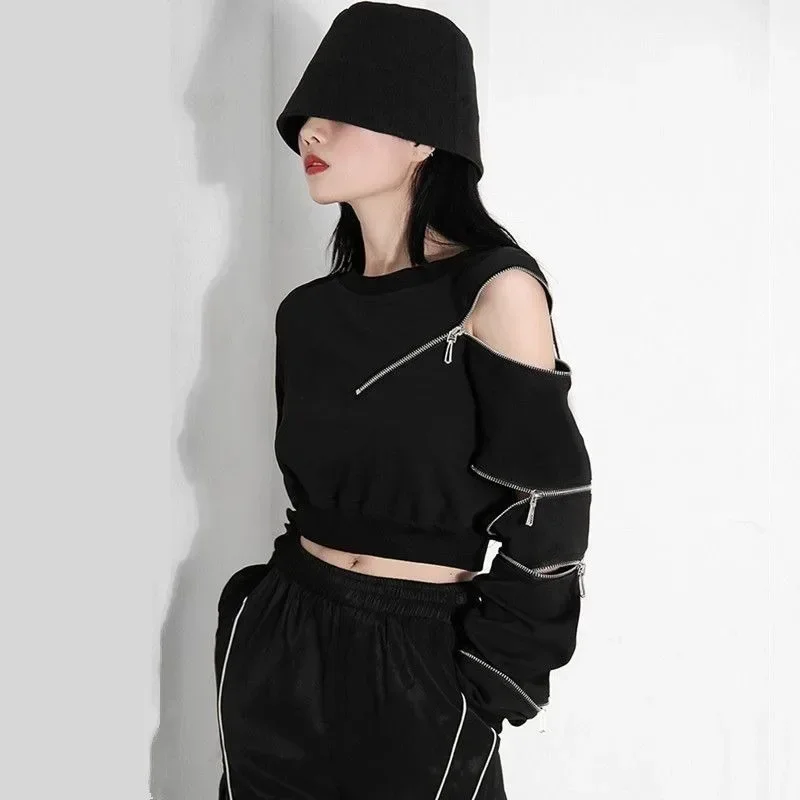 Cropped Sweatshirts Fashion Hoodies Women O-neck Zipper Goth Pullovers Y2k Hollow Out Sexy Korean Sweatshirt Kpop Ropa Mujer 후드티 3