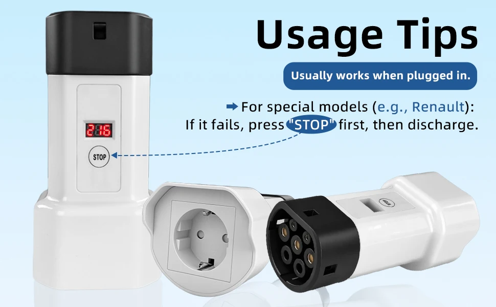 EVqiaoyi Typ2 V2L-Adapter mit Schuko-Buchse, Ein-Knopf-Aus- und Spannungsanzeige, Entladestecker für Elektroautos Typ2 – Detail 3
