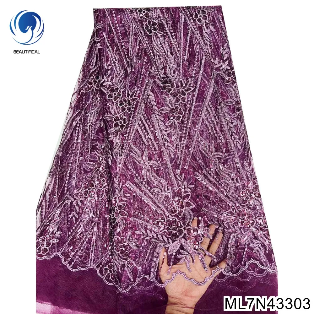 

5 yards African Sequins Decorate and Embroidered Floral Pattern Lace Fabric Royal Full of Charm Purple for Wedding DressML7N433