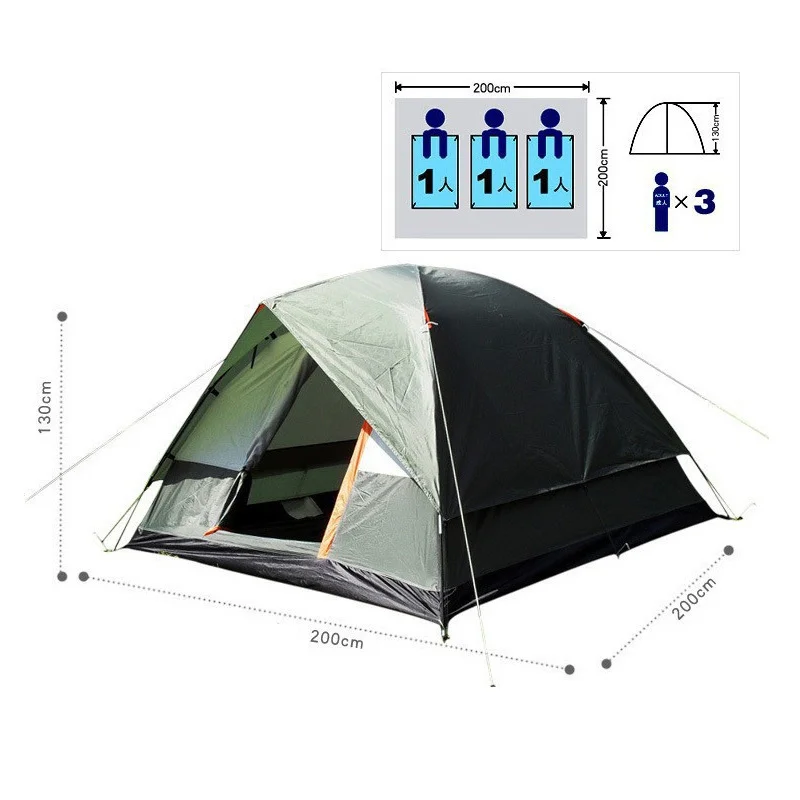 Three Person 200*200*130cm Double Layer Weather Resistant Outdoor Camping Tent for Fishing Hunting Adventure and Family Party