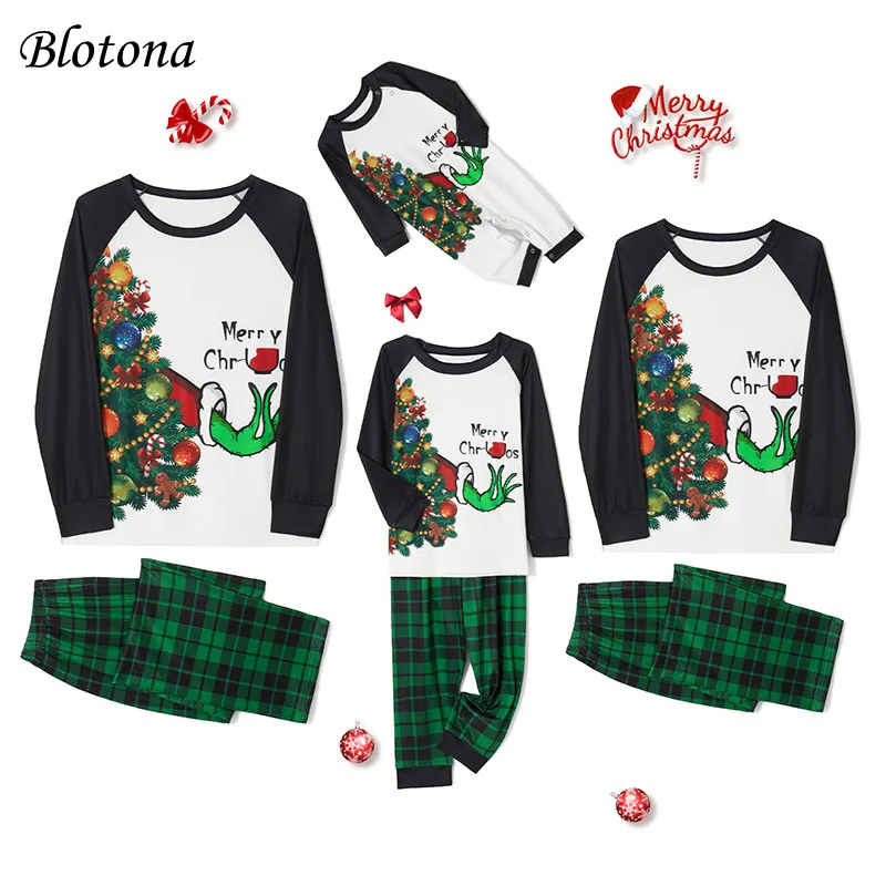 thumbnail image 2 of Conjunto de pijamas a juego para toda la familia con estampado de dibujos animados, remera de manga larga y pantalones a cuadros verdes, ropa de dormir para el hogar, de Blotona, 2 of 5