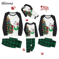 Blotona Christmas Family Matching Outfits Pajamas Set Cartoon Print Long Sleeve Tops and Green Plaid Pants Sleepwear Homewear 1