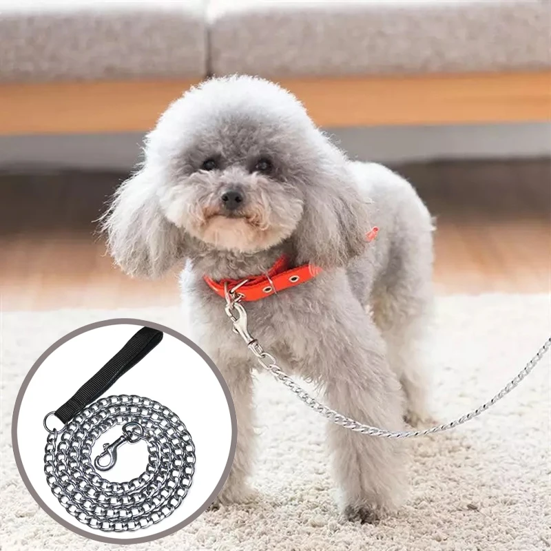 Anti-bite iron chain bar 120CM metal dog chain Dog Chain Leash Metal Training Pet Leash with Soft Handle for Medium Large Dogs 5