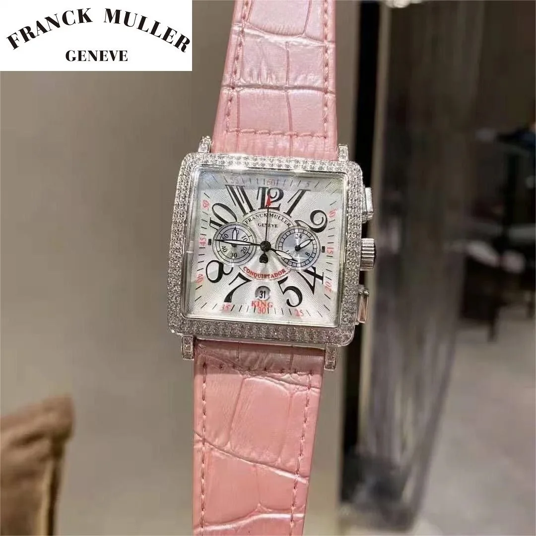 FRANCK MULLER Square Five Needle Women\'s Watch Quartz Movement Luxurious Diamond Inlaid Women\'s Watch Leather Strap Sapphire