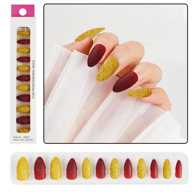 Matte False Nails Nail Art Fake Nails Gel Tips Full Cover Teardrop Shaped Artificial Press Nails Glitter Powder Fake Nails