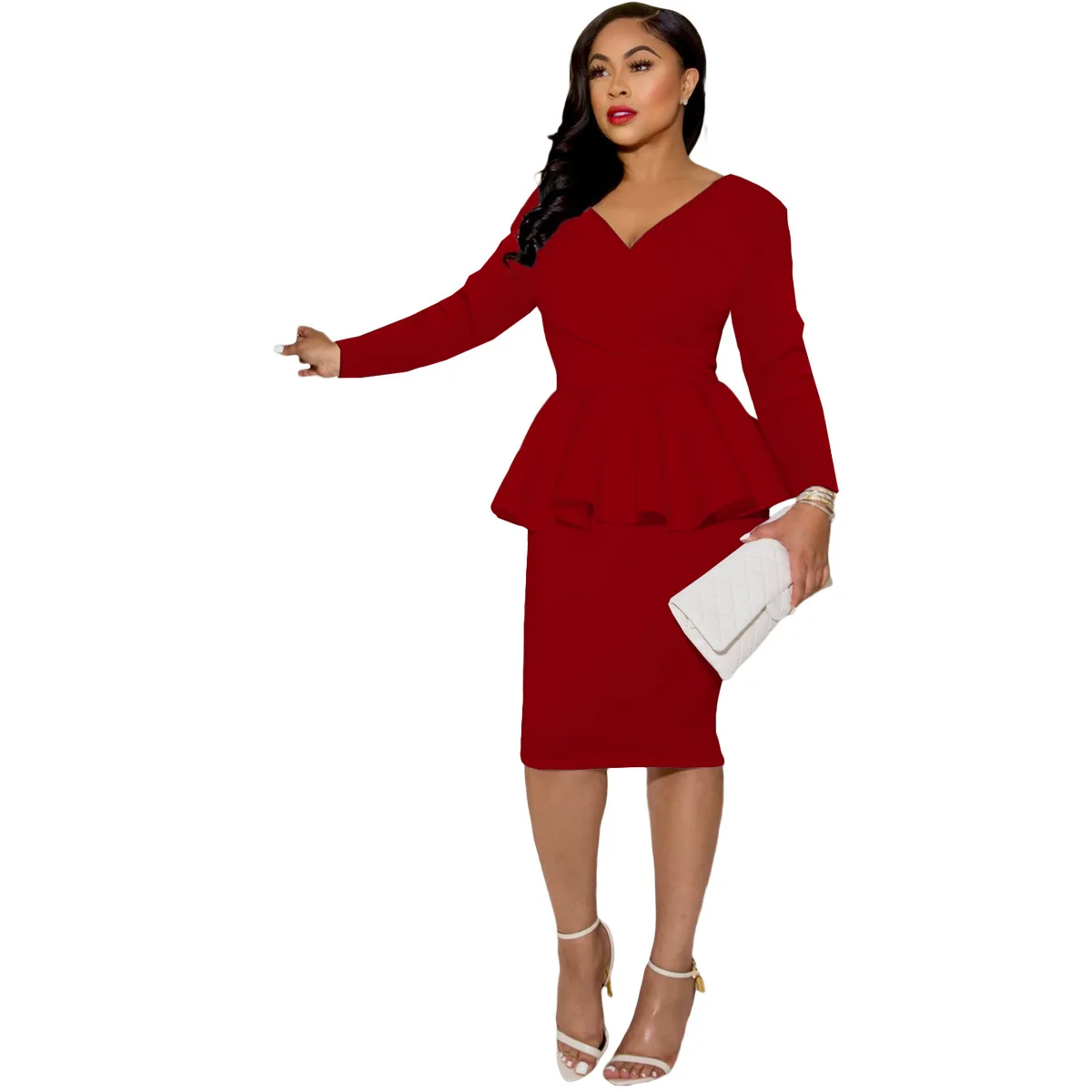 

Autumn Spring African Women Long Sleeve V-neck Solid Color Polyester Knee-length Bodycon Dress African Dresses for Women