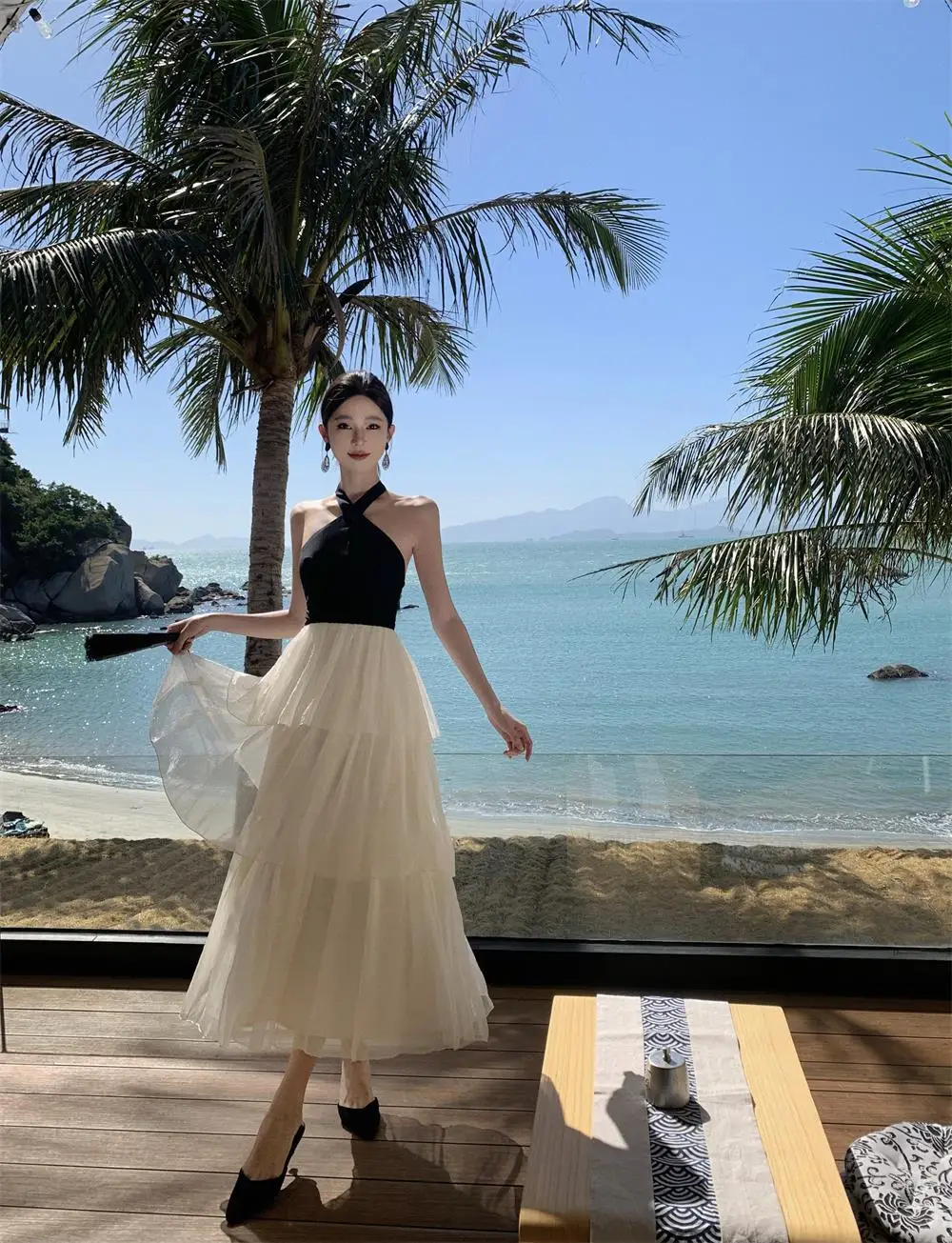 Elegant Patchwork Ruffles Cake Dresses for Women Halter Sleeveless Backless Evening Party Dress Prom A-line One Piece Vestido