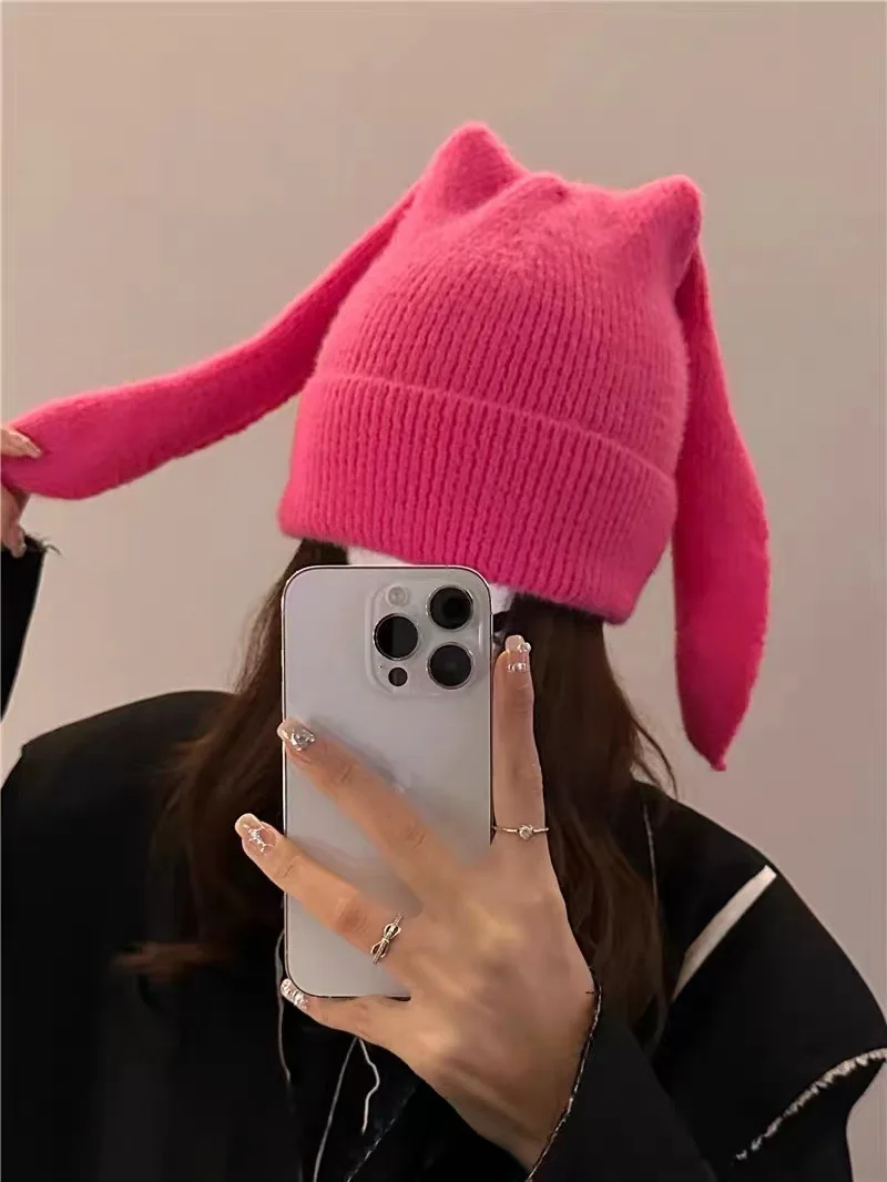 New 1Pc Bunny Hats Beanie Long Ear Warm Hat Crochet Knitted Hat Cute Bunny Hat Rabbit Ears Hats for Women Winter Hats Warm Caps 5