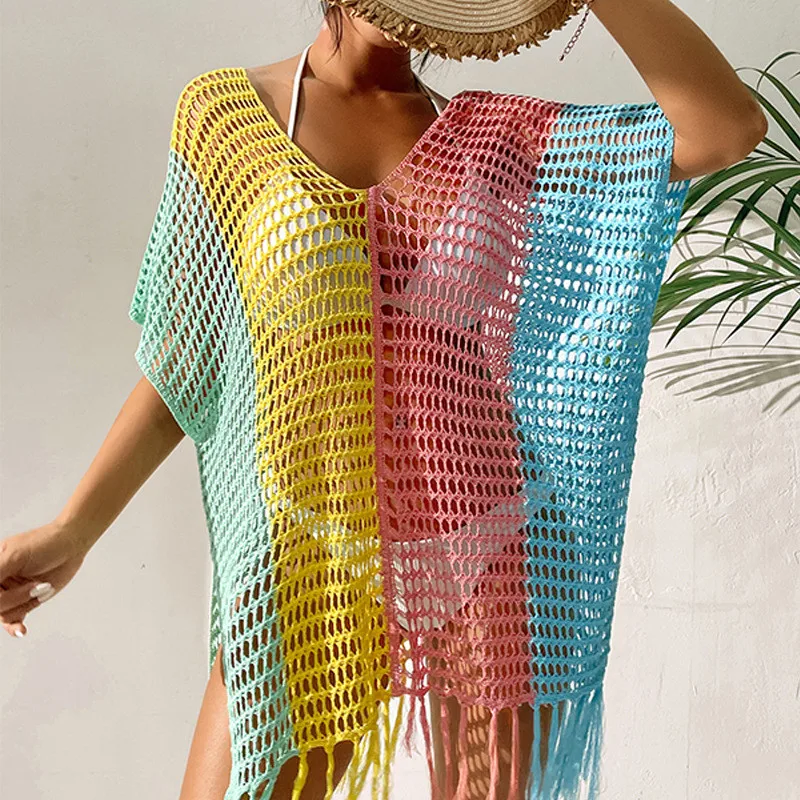 Tassel Crochet bikini cover up Sexy knitted beach dress tunic women beachwear 2022 Swimwear Summer See through swimsuit cover-up