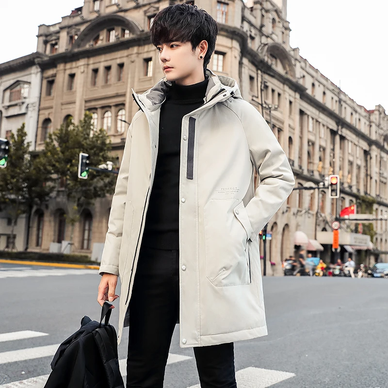 Casual Mid-Length Hooded White Duck Down Jackets Men\'s 2023 Winter Solid Warm Long Puffer Coats Windbreaker Outwear Thick Parkas