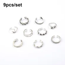  9Pcs Foot Ring Open Adjustable Toe Rings Wave Pattern Alloy Ring Adjustable Rings Set for Women Beach Foot Jewelry 9-piece Set 