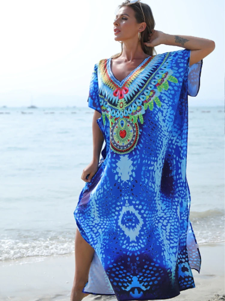 Beach Kaftans For Women Leopard Printed Maxi Dresses Swimsuit Cover Ups Summer Seaside Holiday