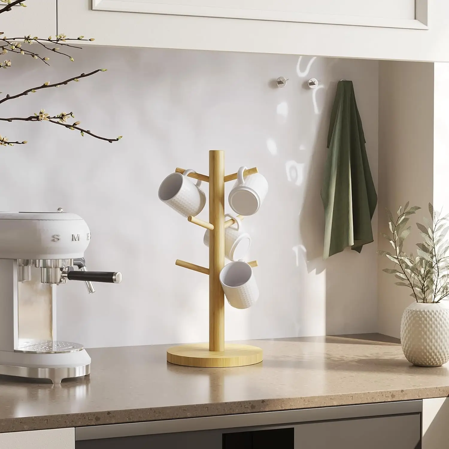 Bamboo Mug Holder 6 Hooks Coffee Cup Holders Tree Sturdy Mug Tree Rack Stand Ideal for Counter Organizer Space Saver 5