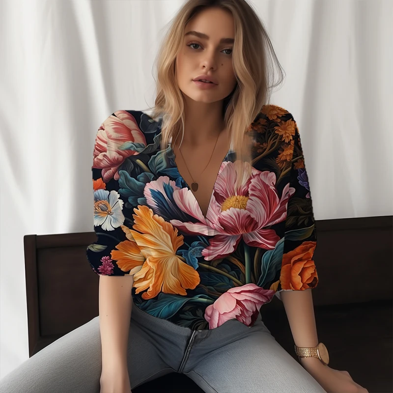

Summer new lady shirt flower 3D printed lady shirt beautiful casual style ladies shirt fashion trend women's shirt