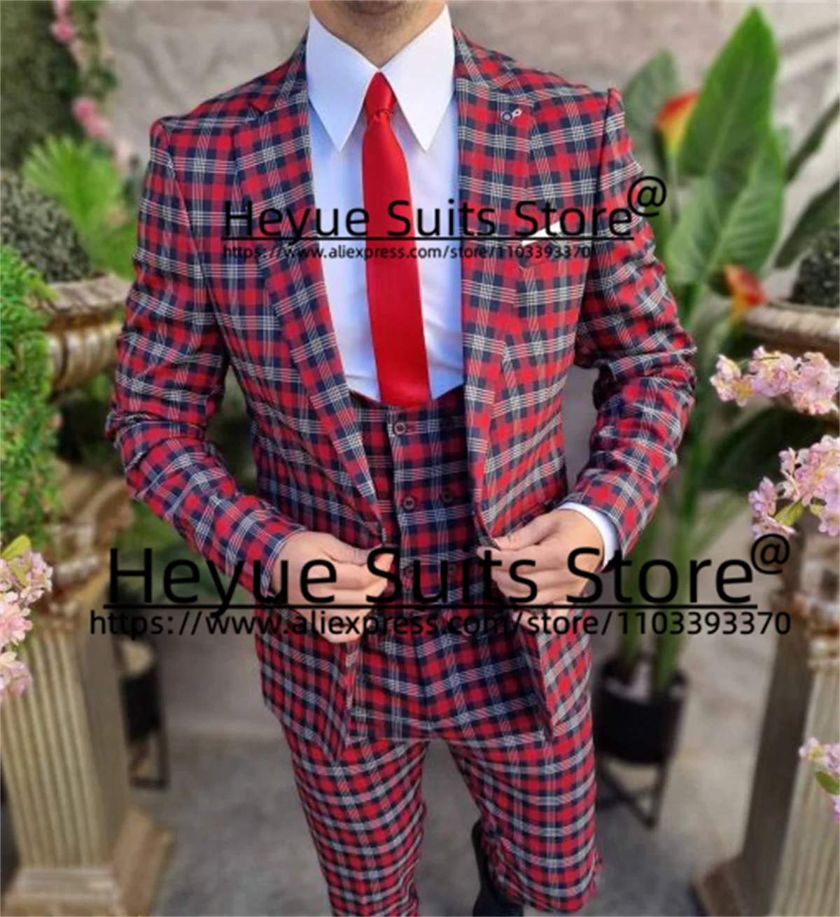 Traje de boda clásico a cuadros rojos para hombre, esmoquin Formal de 3 piezas, con solapa y muescas, de negocios