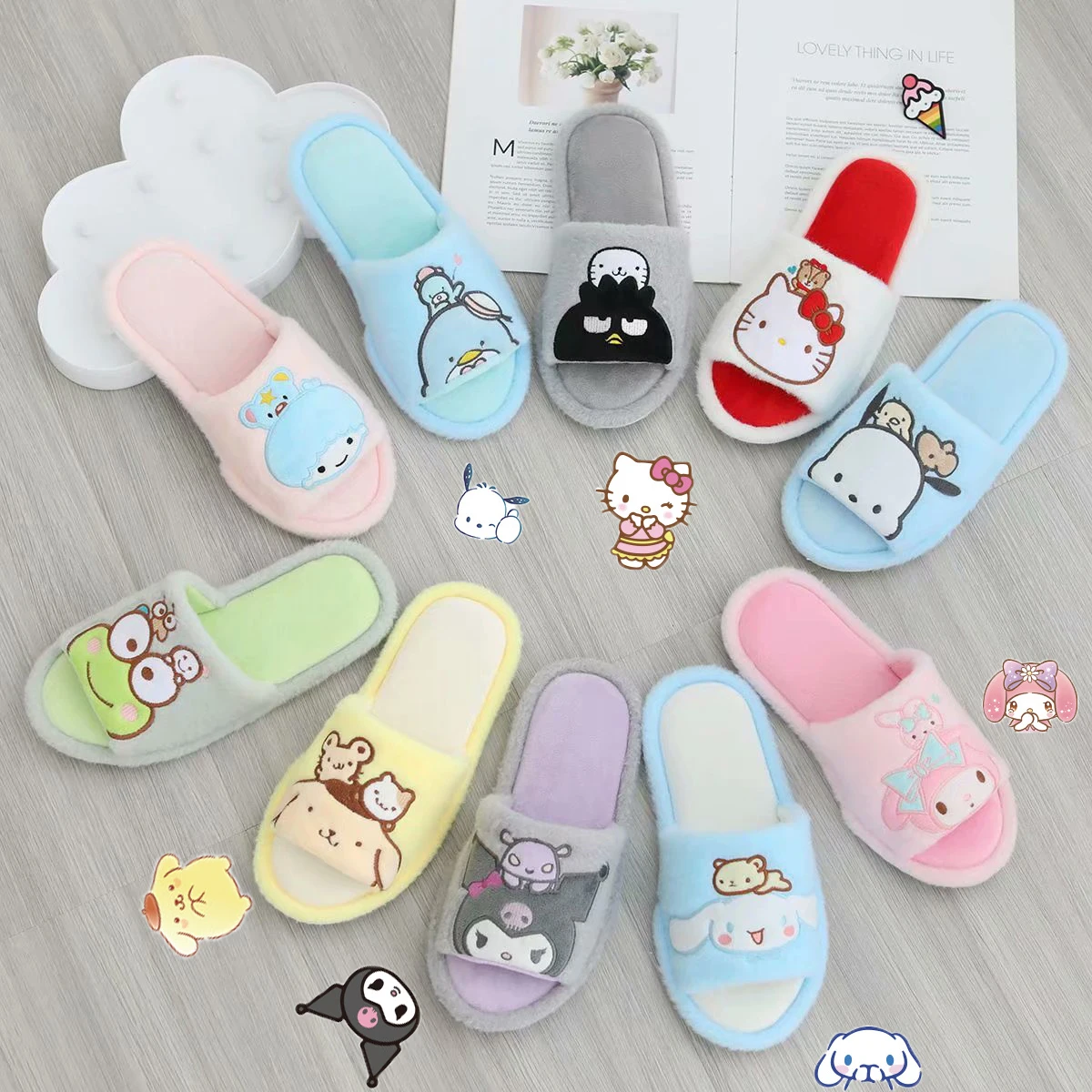 

Sanrios Cinnamoroll Kuromi MyMelody Kawaii Мультфильм Плюшевые тапочки симпатичная Аниме Кукла пушистые домашние сандалии домашняя обувь подарок