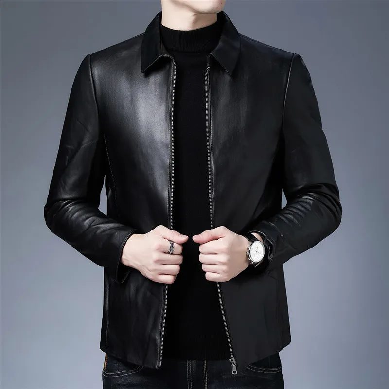 

Осенне-зимнее пальто из натуральной овечьей кожи для мужчин облегающее короткое стильное пальто с откидным воротником для мужчин среднего возраста Co