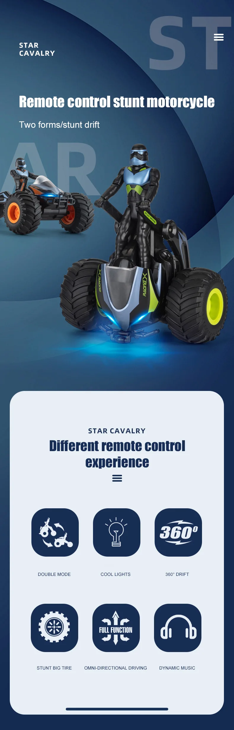Envío Gratis RC coche 2,4G Control remoto motocicleta dos formas 360 ° Acrobacias Rotación Iluminación Sonido STAR CAVALRY Juguete para regalo para niños