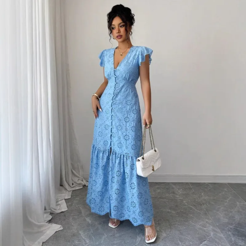 2026 Sommer Damen Elegantes Rüschen-Maxikleid mit Lochstickerei für Urlaub und Party – Boho Strand-Sommerkleid