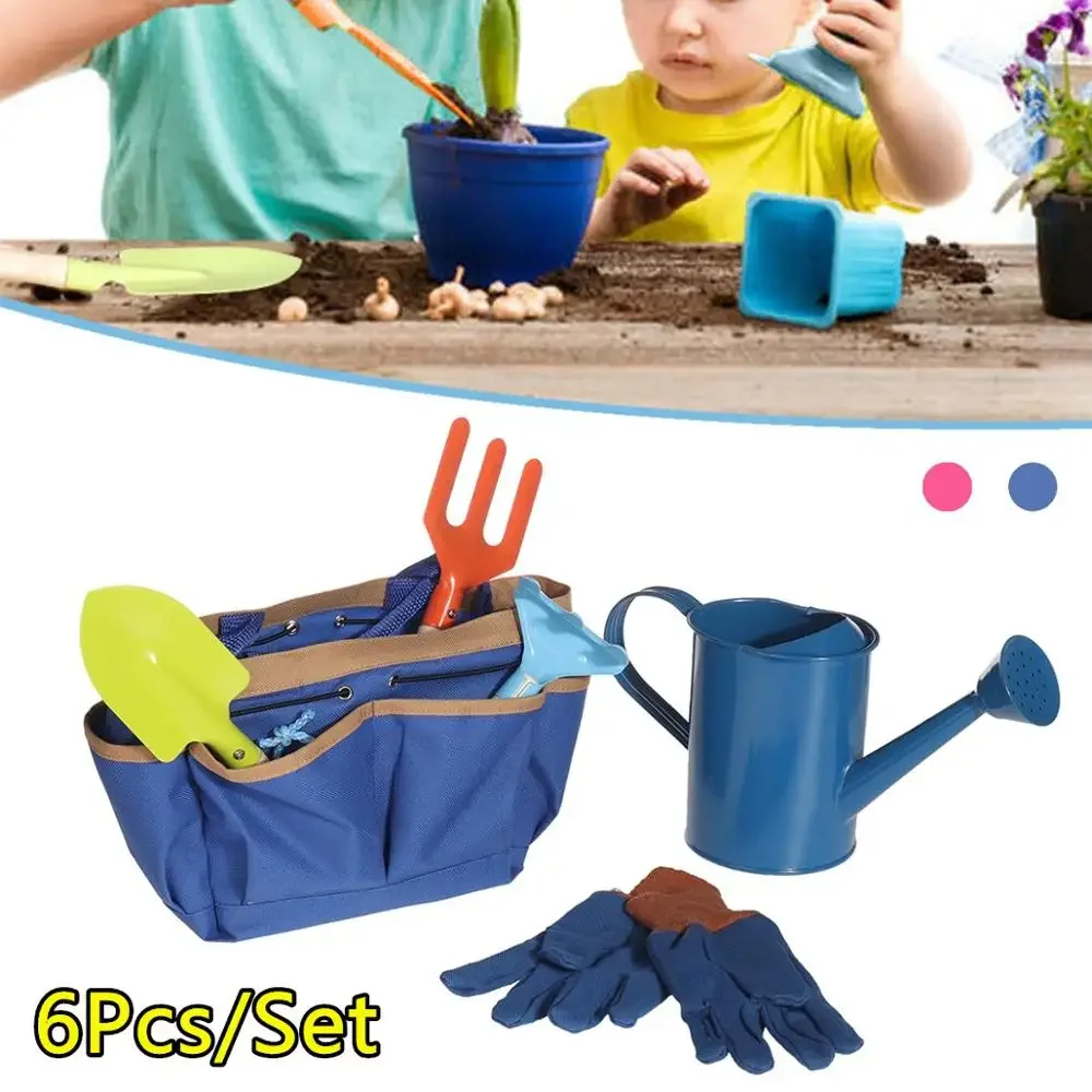 6Pcs Kids Gardening Tools Children Shovel Spade Fork Set Tote Bag Garden Yard