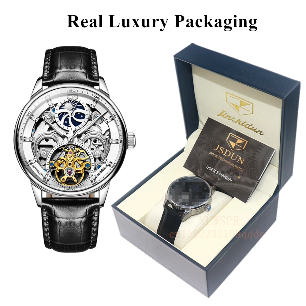 JSDUN Mechanical Watches for Business Men Skeleton Design Waterproof Wristwatches Classic Leather Strap Gift for Husband 8922