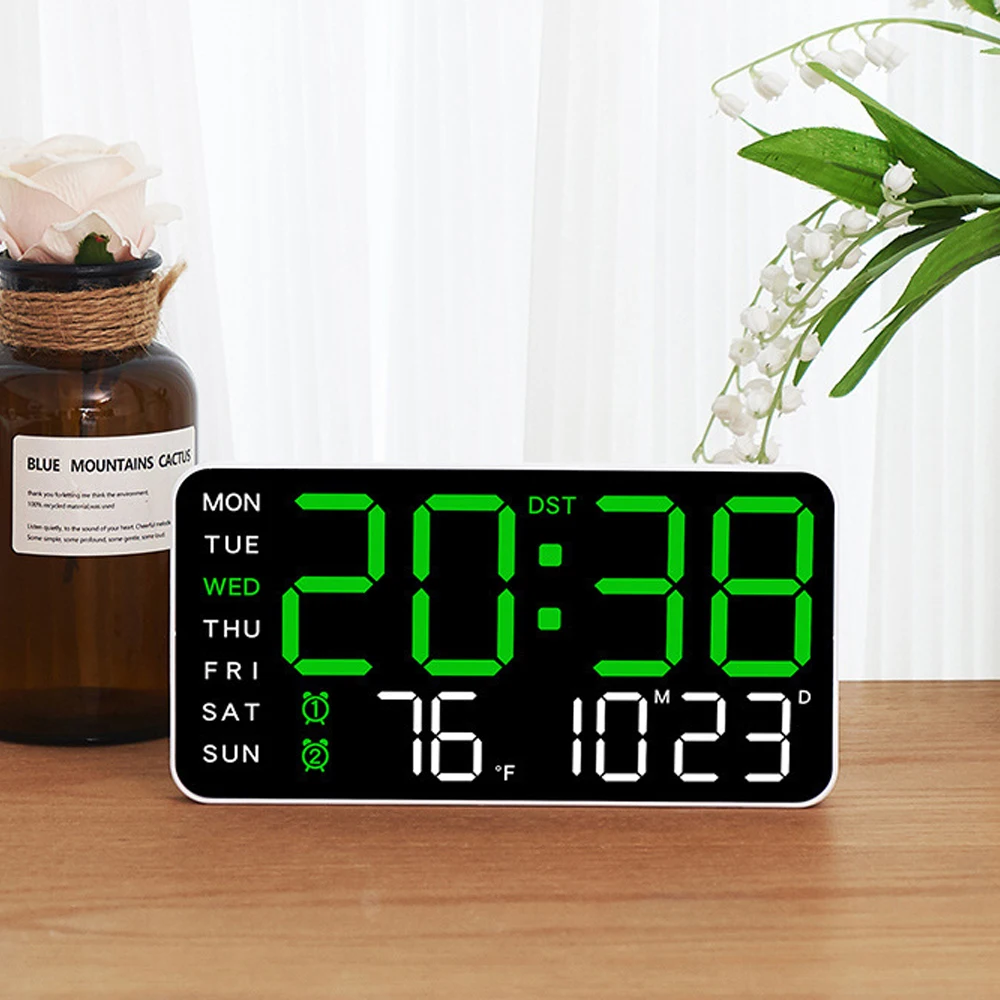 Large Digital Wall Clock Temperature Date Week Display 12/24H LED Alarm Clock Brightness Adjustment for Bedroom