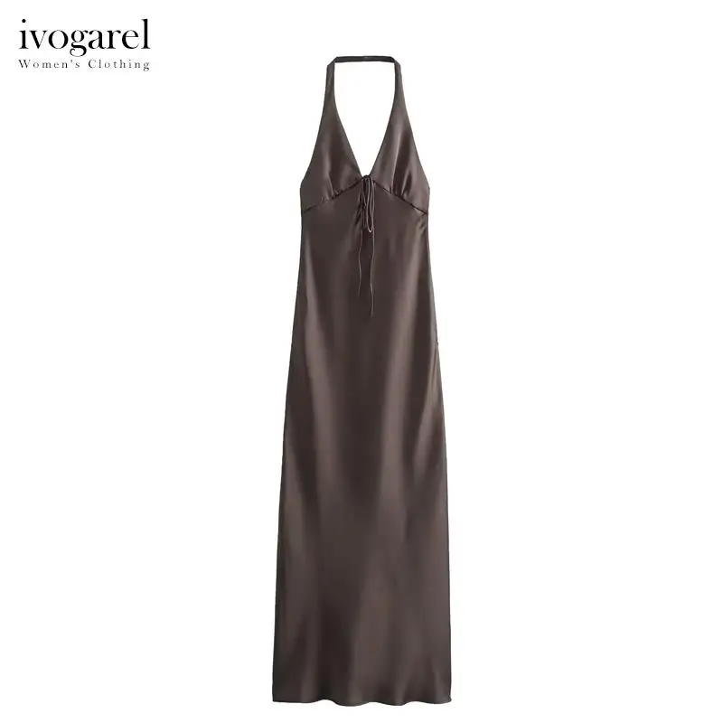 

Ivogarel Satin Slip Dress Women Halter-neck Midi Dress with Bow Detail Female Evening Chic and Elegant Outfit