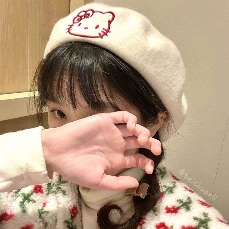 

Cartoon Kawaii HELLO KITTY Beret Hat Sweet Beauty Windproof Warm Hat Raw Autumn and Winter Warm Three-Dimensional Hat Winter Hat