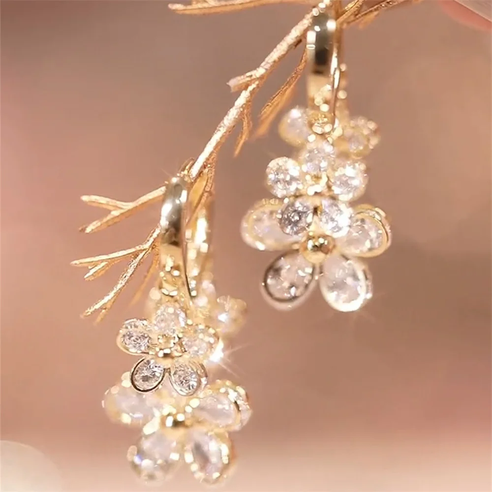 Female Luxury Crystal White Zircon Stone Flower Hoop Earrings Vintage Fashion Gold Color Wedding Jewelry For Women