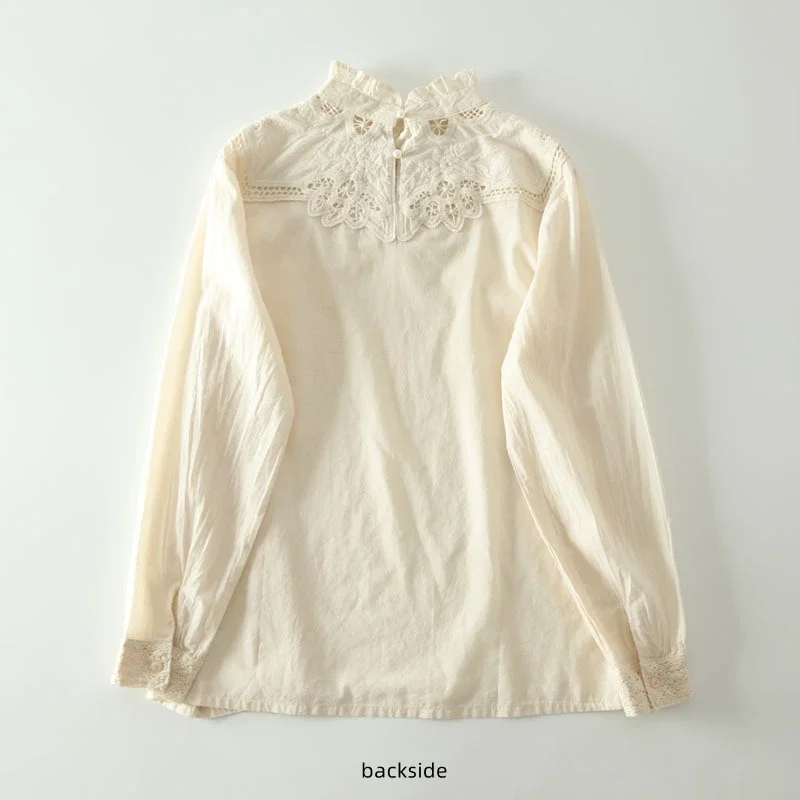 Vintage Cotton Embroidery Eyelet Lace Ruffled Collar Long Sleeve Blouse Spring Elegant Chic Victorian Edwardian Hollow Out Shirt