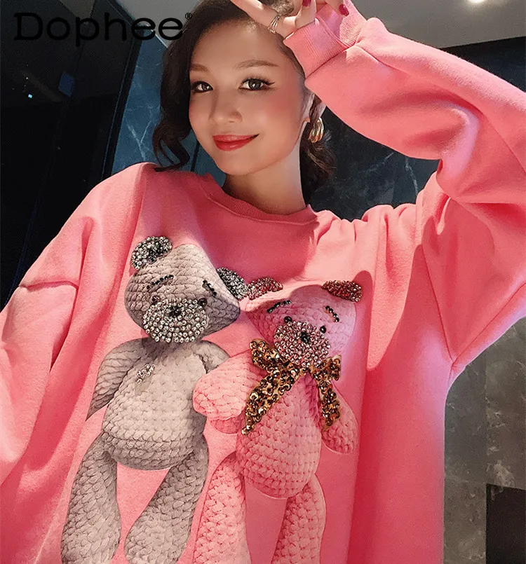 

Cartoon Diamond Bear Pink Hoodies Women 2023 Autumn and Winter Fleece Padded Loose Round Neck Pullover Sweatshirts Top Female