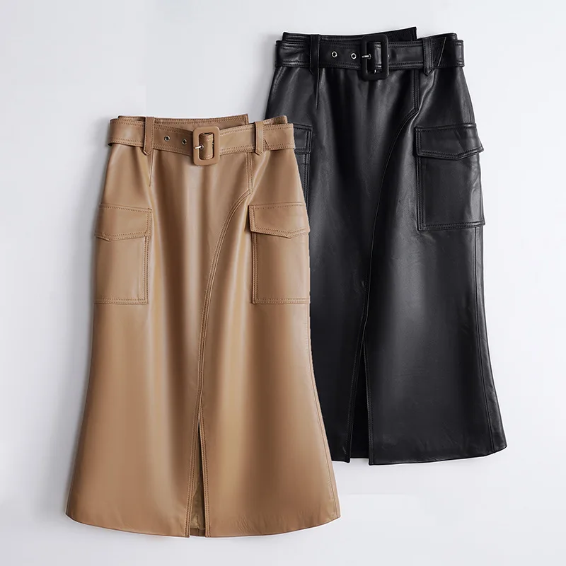 Brand New Designer 2023 Autumn Winter Chic Women Elegant Blet Skirts High Quality Genuine-leather High-rise Mermaid-skirt C507 spring autumn designer women s high rise leather skirts chic genuine leather pockets a line skirt c971