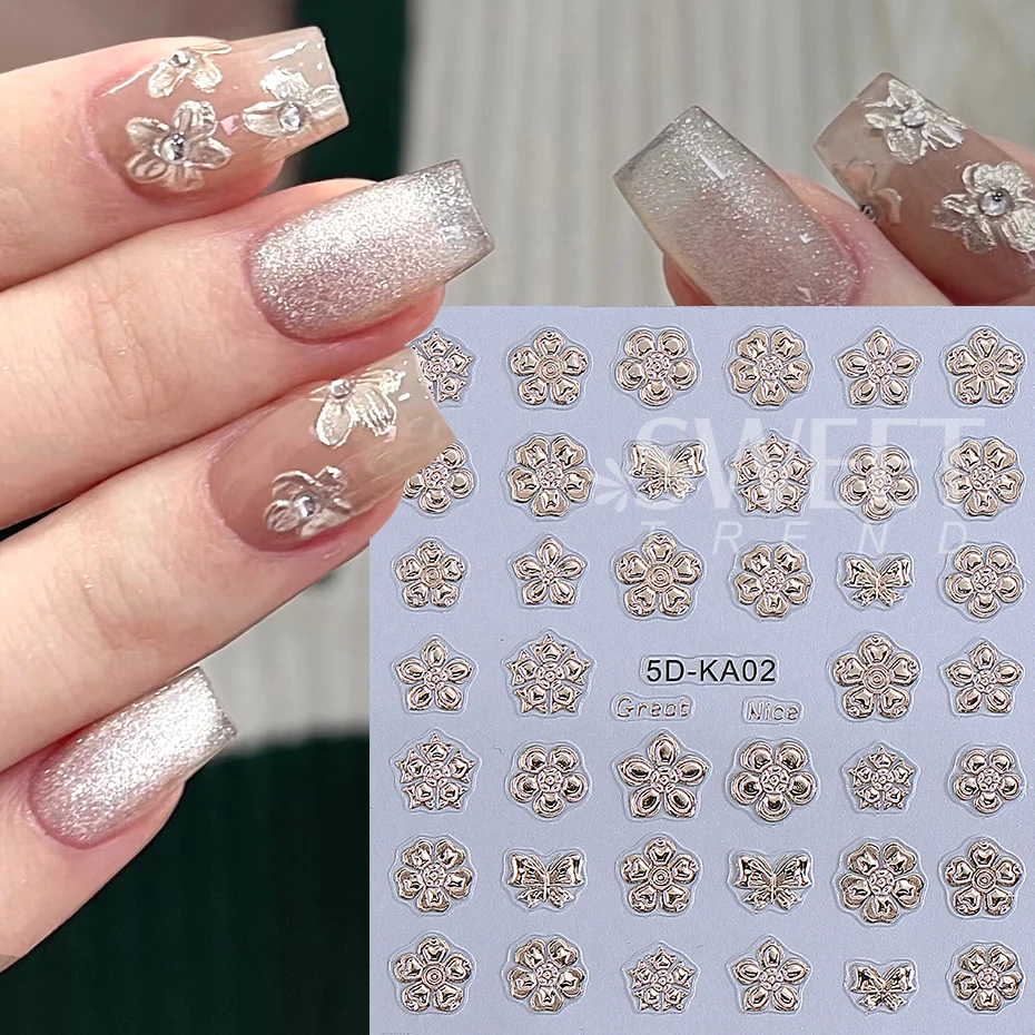 1/3pcs/set 5D Embossed Flower Nail Art Stickers Rose Gold Flower Butterfly Nail Decals Summer Manicure Nail Supplies Decoration