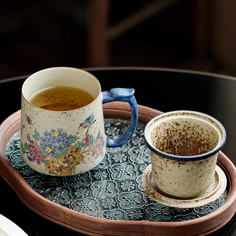 Chinese Style Ceramic Cartoon Floral Pattern Mug, Personal Creative Teacup, With Cover Filtered Tea Water Separation, 400ml, 1Pc