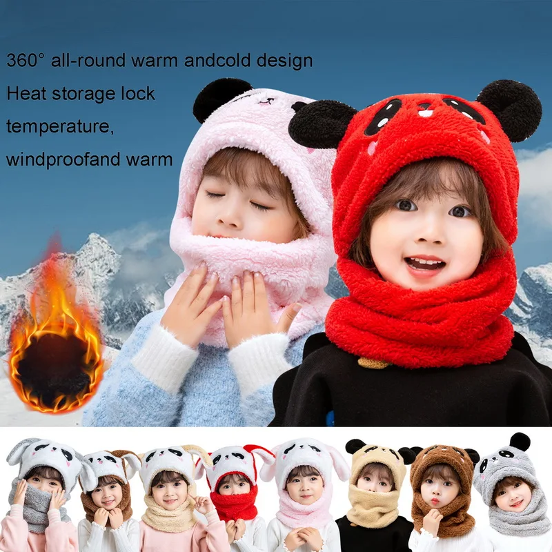 

New Autumn And Winter Cute Children Cartoon Scarf Hat Two-Piece Double Fleece Warmth Boy Girl Child Adult Parent-Child Baby Hats
