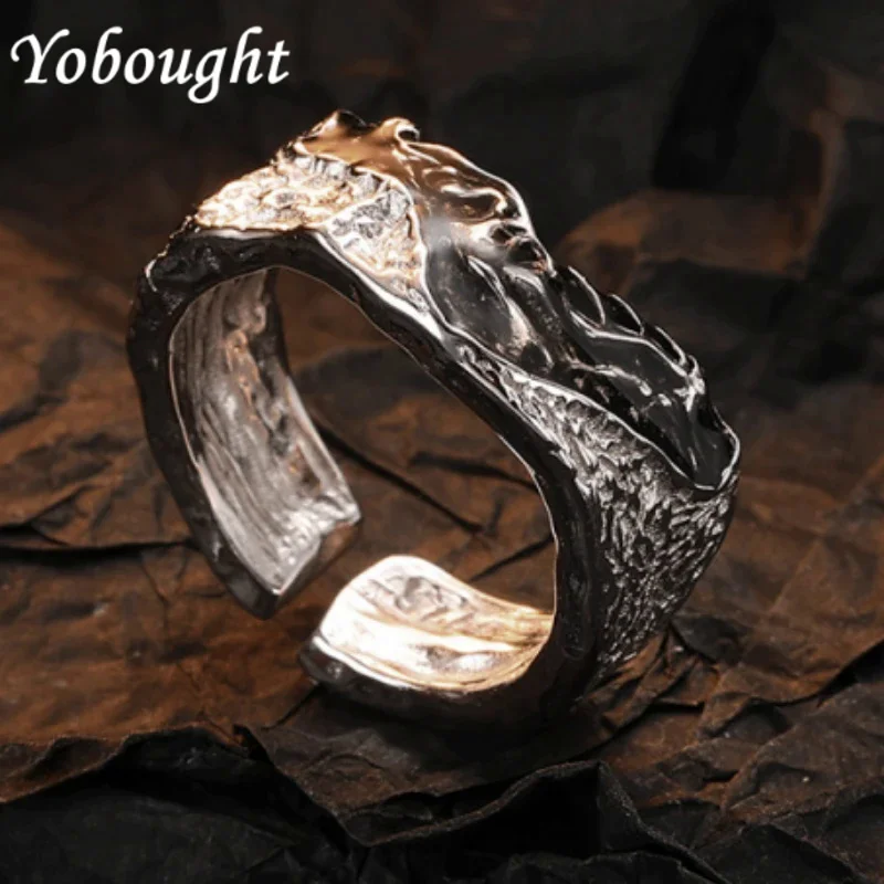 

925 Sterling Silver Irregular Lava Skin Texture Women'S Drop Glue Dual Color Design Feel Versatile Ring