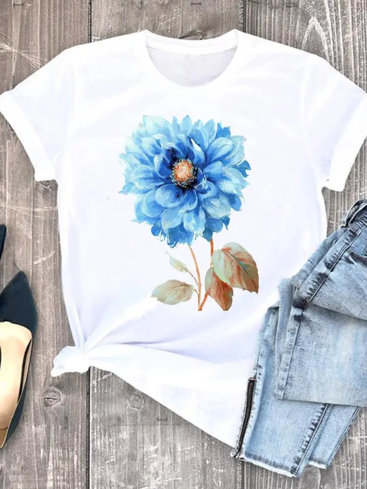 

Women Graphic T-shirt Short Sleeve Lady Fashion Print Female Flower Watercolor 90s Trend Sweet 90s Shirt Tee Clothes