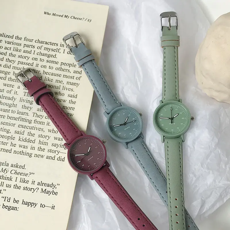 Korean Retro Harajuku Style Dark Green Girl Frosted Leather Quartz Watch Delivery Box Bracelet Children\'s Birthday Gift Clock