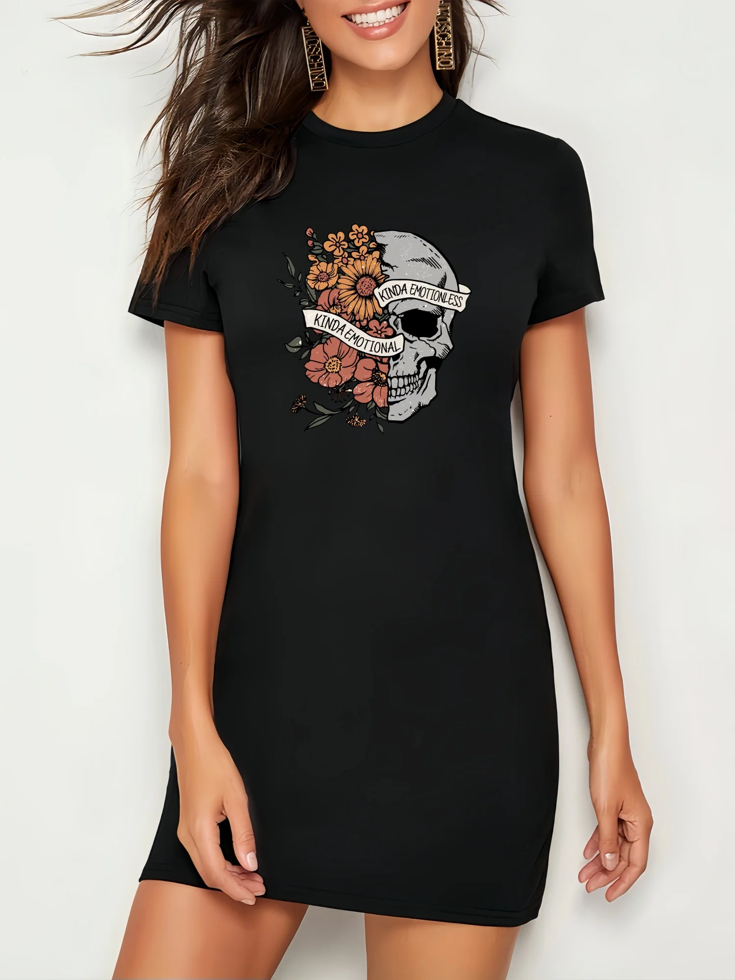 

Y2k Kinda Emotionless Floral Skull Print T Shirt Dress Women Casual Slim Fit Short Dresses Lady Summer 2024