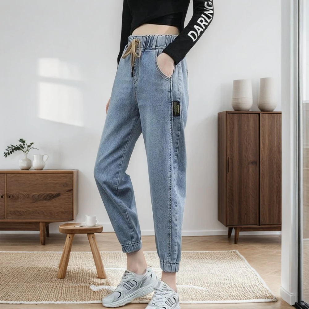 Summer Length High Waist Jeans  Solid Color Denim Basics Woman New Strench Blue Spodnie  blue jeans for women  pants  jean